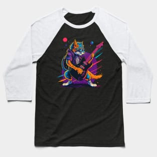 Retrowave Rockstar Cat Baseball T-Shirt